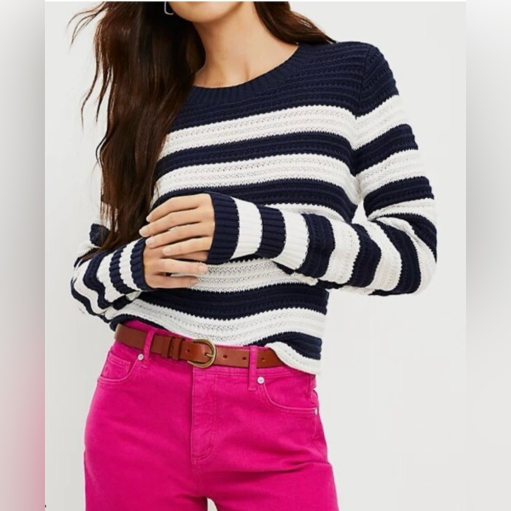 Loft women’s size LP cable knit sweater, navy blue, and white striped